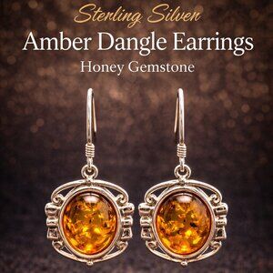 Amber Earrings | Natural Amber Gemstone | Sterling Silver Dangle Earrings |